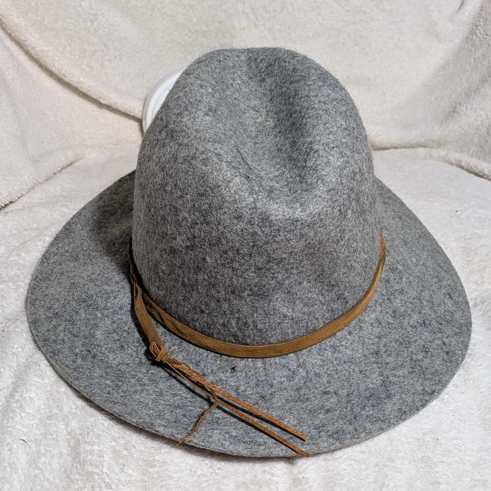 Women's Heather Gray‎ Wool Winter Boho Floppy Hat W/Faux Leather Detail